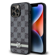 Заредете изображение във визуализатора на галерията – Original Case DKNY hardcase Leather Checkered Mono Pattern &amp; Printed Stripes DKHCP14XPCPTSSK for Iphone 14 Pro Max black
