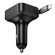 Заредете изображение във визуализатора на галерията – Car charger Hoco wit retractable cable 2 x USB C + USB A QC PD 65W NZ18 black
