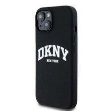 Заредете изображение във визуализатора на галерията – DKNY case for IPHONE 15 compatible with MagSafe DKHMP15SSNYACH (DKNY HC MagSafe Silicone W/White Arch Logo) black
