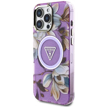 Заредете изображение във визуализатора на галерията – GUESS case for IPHONE 16 Pro Max compatible with MagSafe GUHMP16XHFLPEDU (IML Metal Glitter Flowers Triangle) purple
