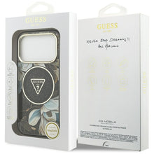 Заредете изображение във визуализатора на галерията – GUESS case for IPHONE 17 Pro compatible with MagSafe GUHMP17LHFLPEDK (IML Metal Glitter Flowers Triangle) black
