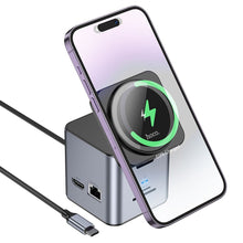 Заредете изображение във визуализатора на галерията – HOCO adapter HUB 9in1 Type C with wireless charger HB49 metal gray
