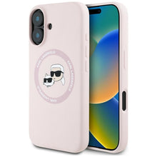 Заредете изображение във визуализатора на галерията – KARL LAGERFELD case for IPHONE 16 compatible with MagSafe KLHMP16SSKCHTCP (Silicone KC Heads) pink
