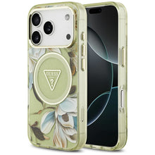 Заредете изображение във визуализатора на галерията – GUESS case for IPHONE 17 Pro Max compatible with MagSafe GUHMP17XHFLPEDN (IML Metal Glitter Flowers Triangle) green
