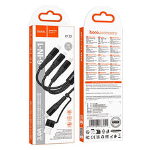 Заредете изображение във визуализатора на галерията – Cable 3in1 USB C / USB A to Lightning + USB C + Micro USB Hoco 1 m X123 black
