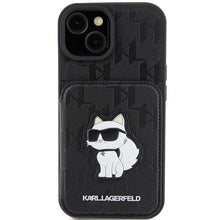 Заредете изображение във визуализатора на галерията – Karl Lagerfeld Saffiano Cardslots and Stand Monogram Choupette case for iPhone 15 - black
