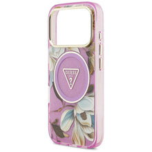 Заредете изображение във визуализатора на галерията – GUESS case for IPHONE 17 Pro compatible with MagSafe GUHMP17LHFLPEDU (IML Metal Glitter Flowers Triangle) purple
