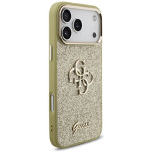 Заредете изображение във визуализатора на галерията – GUESS case for IPHONE 17 Pro Max GUHCP17XHG4SGCD (Fixed Glitter Big 4G Metal Frame) gold
