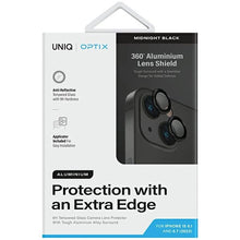 Заредете изображение във визуализатора на галерията – Uniq Optix Glass Aluminum Camera Lens Protector for iPhone 15 / 15 Plus Camera Lens with Applicator - Black
