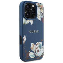 Заредете изображение във визуализатора на галерията – GUESS case for IPHONE 16 Pro Max compatible with MagSafe GUHMP16XPGNMPLMB (PU Grained Flowers Classic Logo) blue
