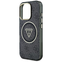 Заредете изображение във визуализатора на галерията – GUESS case for IPHONE 16 Pro compatible with MagSafe GUHMP16LHG4PRTGK (IML Metal Glitter 4G Circle Triangle) black
