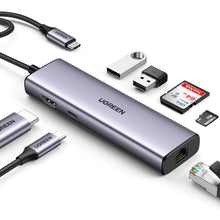 Заредете изображение във визуализатора на галерията – Ugreen CM512 90568 USB-C adapter - 2x USB-A 3.0 / HDMI / RJ45 / SD and TF card reader / USB-C PD 100W - gray
