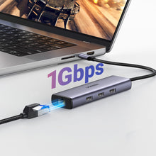 Заредете изображение във визуализатора на галерията – HUB Ugreen CM512 15598 6in1 USB-C - 3x USB-A 3.0 / HDMI / RJ45 / USB-C PD - gray
