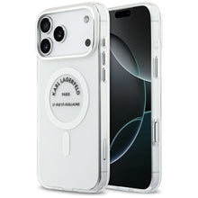 Заредете изображение във визуализатора на галерията – KARL LAGERFELD case for IPHONE 17 Pro Max compatible with MagSafe KLHMP17XHKRSGPT (IML Karl RSG Logo) transparent
