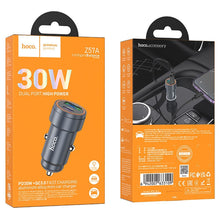 Заредете изображение във визуализатора на галерията – HOCO car charger USB A + Type C PD QC3.0 3A 30W Z57A metal gray
