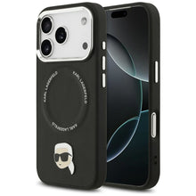 Заредете изображение във визуализатора на галерията – KARL LAGERFELD case for IPHONE 17 Pro compatible with MagSafe KLHMP17LPSMLRKLK (PU Karl Pin) black
