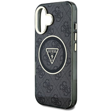 Заредете изображение във визуализатора на галерията – GUESS case for IPHONE 16 compatible with MagSafe GUHMP16SHG4PRTGK (IML Metal Glitter 4G Circle Triangle) black
