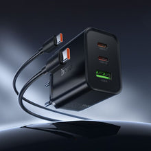 Заредете изображение във визуализатора на галерията – Phone charger Hoco 2x USB C + USB A QC3.0 PD 3A 65W + data cable USB C to USB C N75 black
