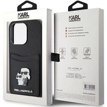 Заредете изображение във визуализатора на галерията – Karl Lagerfeld Saffiano Cardslot Karl&amp;Choupette Metal Pin case for iPhone 15 Pro - black
