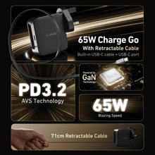 Заредете изображение във визуализатора на галерията – Travel charger X-ONE ChargeGo GaN 65W with retractable cable and USB C port - black
