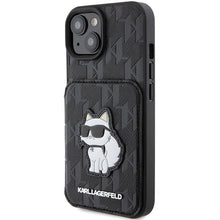 Заредете изображение във визуализатора на галерията – Karl Lagerfeld Saffiano Cardslots and Stand Monogram Choupette case for iPhone 15 - black
