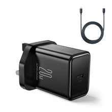 Заредете изображение във визуализатора на галерията – Joyroom JR-TCF06 USB-C PD 20W wall charger with UK plug - black + USB-C / Lightning cable
