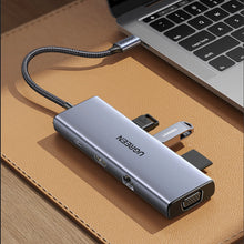 Заредете изображение във визуализатора на галерията – Ugreen CM498 15600 USB-C adapter - 3x USB-A 3.0 / HDMI / VGA / RJ45 / SD / TF card reader / USB-C PD - gray
