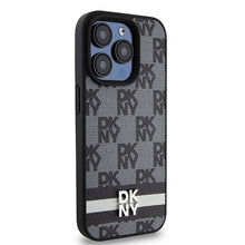 Заредете изображение във визуализатора на галерията – Original Case DKNY hardcase Leather Checkered Mono Pattern &amp; Printed Stripes DKHCP15LPCPTSSK for Iphone 15 Pro black
