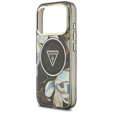 Заредете изображение във визуализатора на галерията – GUESS case for IPHONE 17 Pro compatible with MagSafe GUHMP17LHFLPEDK (IML Metal Glitter Flowers Triangle) black
