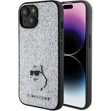 Заредете изображение във визуализатора на галерията – Karl Lagerfeld Fixed Glitter Choupette Logo Metal Pin case for iPhone 15 - silver
