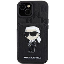Заредете изображение във визуализатора на галерията – Karl Lagerfeld Saffiano Cardslots and Stand Monogram Ikonik Patch case for iPhone 15 - black
