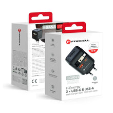 Заредете изображение във визуализатора на галерията – FORCELL F-ENERGY GaN III VT-R7 travel charger with retractable cable Type C and 1x Type C, 1x USB A charging ports PD QC4.0 3A 70W gray
