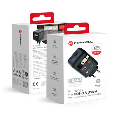 FORCELL F-ENERGY GaN III VT-R7 travel charger with retractable cable Type C and 1x Type C, 1x USB A charging ports PD QC4.0 3A 70W gray