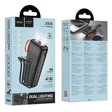 Заредете изображение във визуализатора на галерията – Powerbank Hoco 20000 mAh 2A with built-in cables USB A + USB C+ Lightning + Micro USB and double light J151A black
