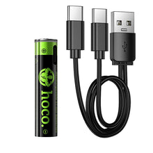 Заредете изображение във визуализатора на галерията – Rechargeable battery R3 (AAA) 320 mAh with USB C + cable USB A to 2 x USB C 2 pcs Hoco JA4 black
