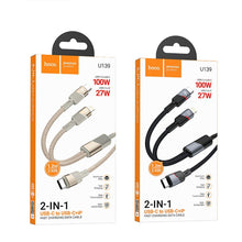 Заредете изображение във визуализатора на галерията – HOCO cable 2in1 Type C to Type C + Lightning 5A 100W U139 1,2 m gold
