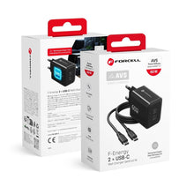 Заредете изображение във визуализатора на галерията – Phone charger Forcell F-Energy GaN III Crystal Color 2x USB C AVS SSFC3.0 60W + silicone cable USB C to USB C VT-60 black
