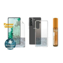 Заредете изображение във визуализатора на галерията – PanzerGlass Protection Set for Samsung Galaxy S21 TPU Film + ClearCase + Cleaning Liquid 30ml
