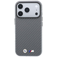 Заредете изображение във визуализатора на галерията – BMW case for IPHONE 18 Pro/17 Pro compatible with MagSafe (Carbon Metal Logo) grey 

