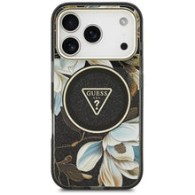 Заредете изображение във визуализатора на галерията – GUESS case for IPHONE 17 Pro compatible with MagSafe GUHMP17LHFLPEDK (IML Metal Glitter Flowers Triangle) black
