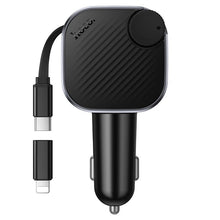 Заредете изображение във визуализатора на галерията – Car charger Hoco QC3.0 PD 45W with retractable cable and FM transmitter E167 black
