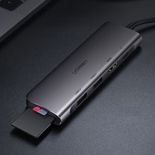 Заредете изображение във визуализатора на галерията – Ugreen CM195 ​​6in1 adapter USB-C - HDMI / 2x USB-A 3.0 / USB-C PD / SD / TF reader - gray
