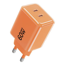 Заредете изображение във визуализатора на галерията – Phone charger Forcell F-Energy GaN III Crystal Color 2x USB C AVS SSFC3.0 60W + silicone cable USB C to USB C VT-60 orange

