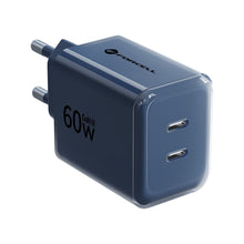 Заредете изображение във визуализатора на галерията – Phone charger Forcell F-Energy GaN III Crystal Color 2x USB C AVS SSFC3.0 60W + silicone cable USB C to USB C VT-60 dark blue
