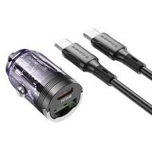Заредете изображение във визуализатора на галерията – Borofone Car charger BZ29A Talented - USB + Type C - QC 3.0 PD 36W 3A with Type C to Type C transparent-purple
