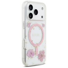 Заредете изображение във визуализатора на галерията – GUESS case for IPHONE 17 Pro compatible with MagSafe GUHMP17LRBFGFGMP (Resin Flowers and Glitter) pink
