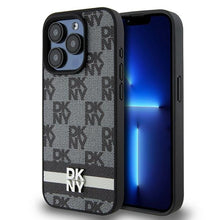 Заредете изображение във визуализатора на галерията – Original Case DKNY hardcase Leather Checkered Mono Pattern &amp; Printed Stripes DKHCP15XPCPTSSK for Iphone 15 Pro Max black
