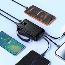 Заредете изображение във визуализатора на галерията – Powerbank 20000 mAh QC PD 22,5W with built-in cables USB A + USB C+ Lightning + Micro USB and two lights Hoco J173 black
