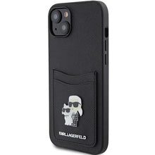 Заредете изображение във визуализатора на галерията – Karl Lagerfeld Saffiano Cardslot Karl&amp;Choupette Metal Pin case for iPhone 15 - black
