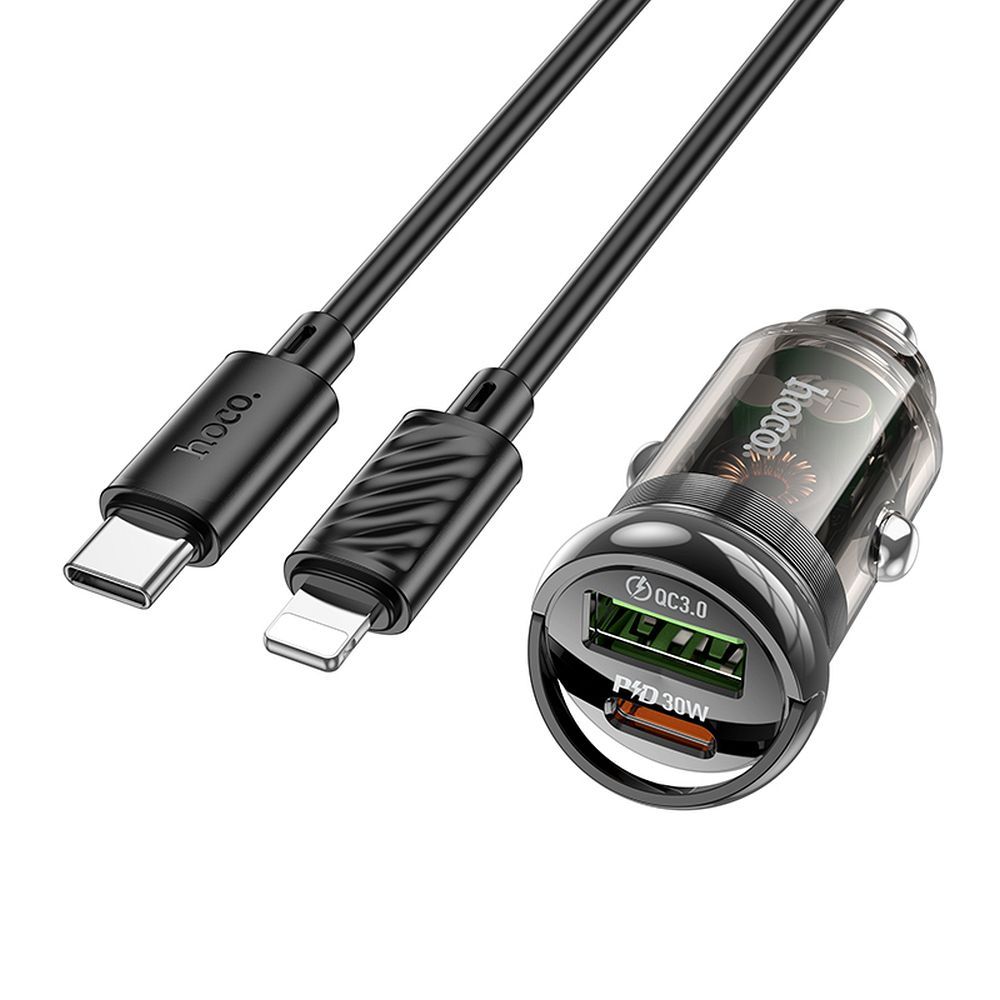 HOCO зарядно за кола USB A + Type C + кабел Type C към Lightning PD QC3.0 3A 30W Z53A черно